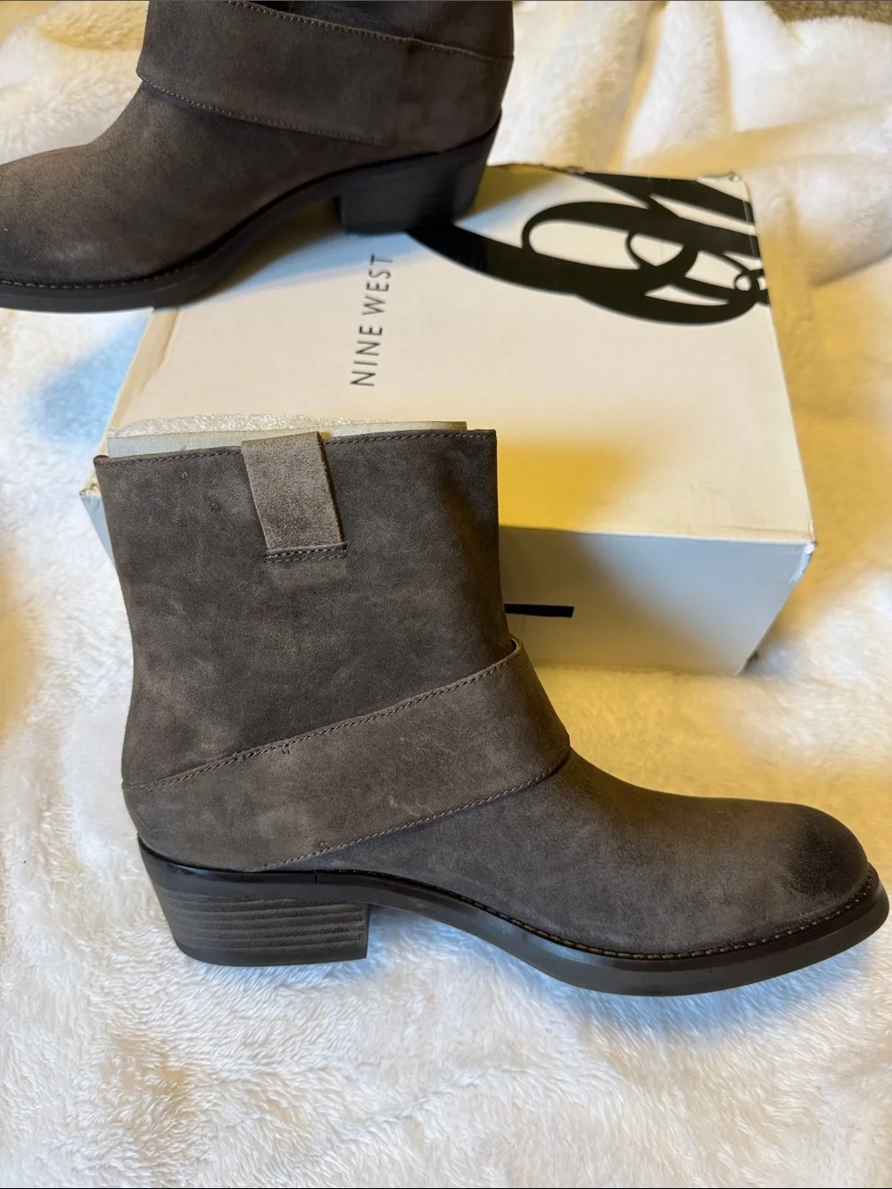 Nine West Gray Taupe Suede Buckle Ankle Boots
